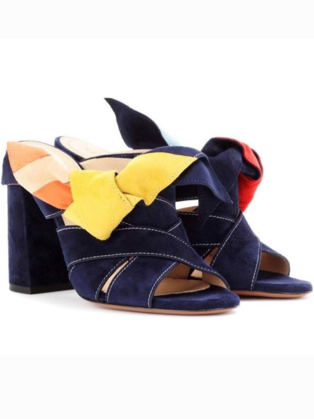 Chloé Nellie Navy Suede Bow Mules Colorblock Heeled Sandals Sz 8 - Picture 2 of 9